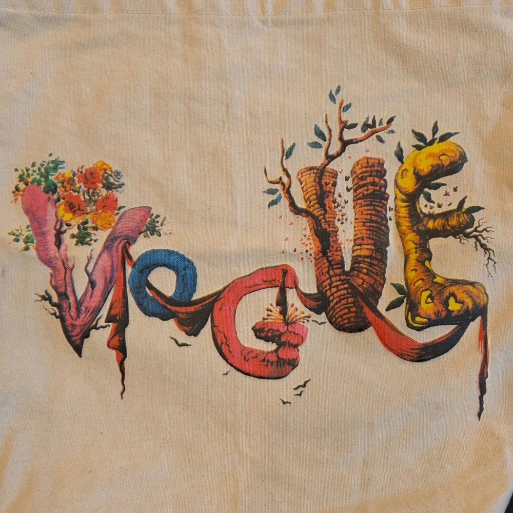 Vogue Graphic Canvas Tote Bag Cream Floral Surrealist Logo Shopper